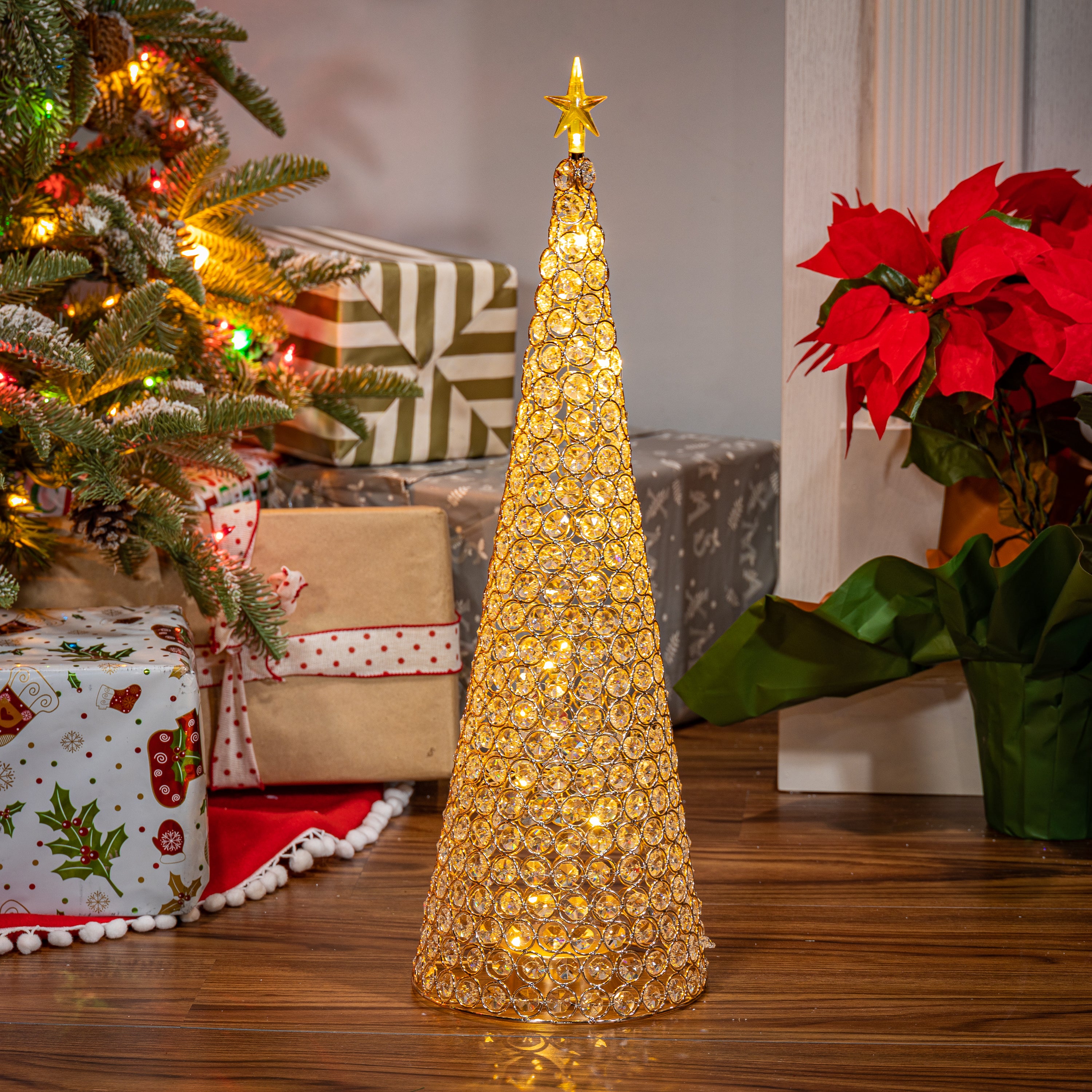 23.8-in H Battery- Operated Lighted Jeweled Cone Tree, Gold